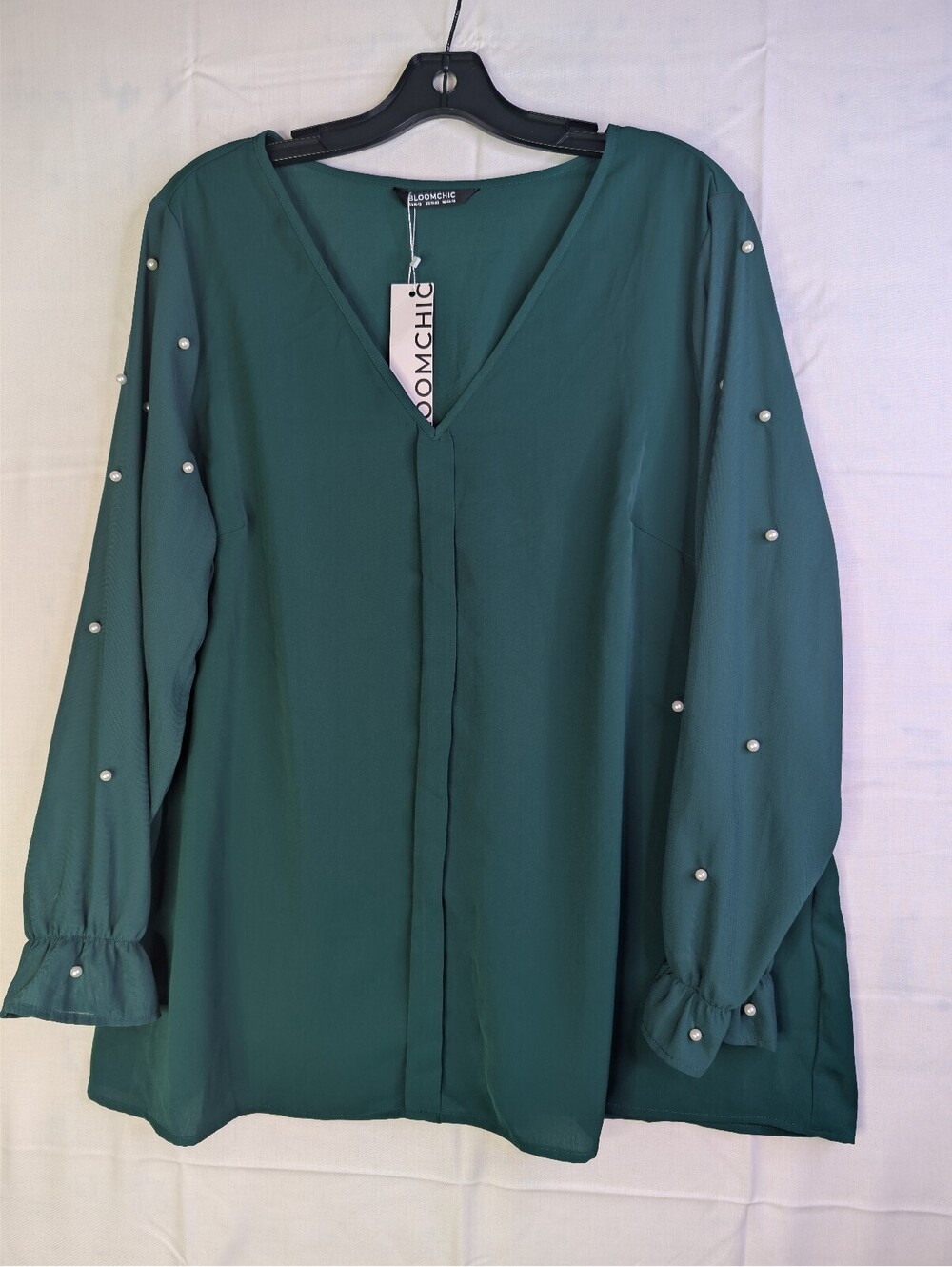 Bloomchic Green V-Neck Blouse with Pearl Embellished Sleeves